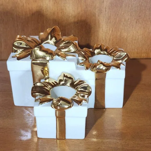 Mikasa Holiday Elegance Gold Porcelain Triple Taper Candle Holder Christmas - Picture 2 of 9